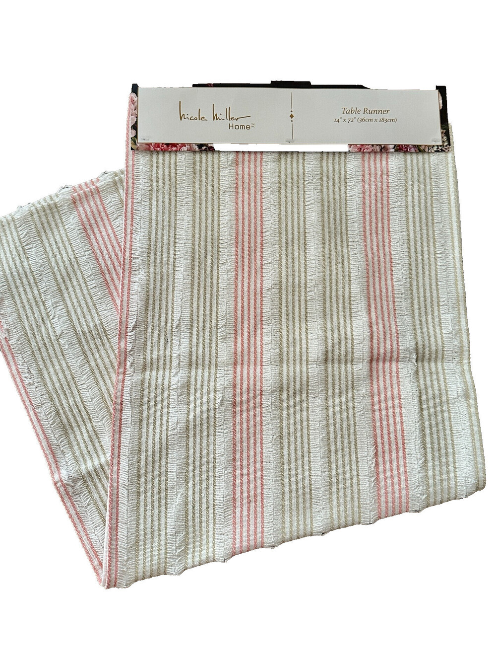 NWT Nicole Miller Green Coral Striped Satchi Fringe Table Runner India 14x72